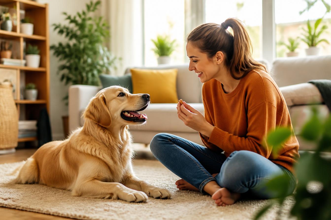 Dog owner training a happy golden retriever at home